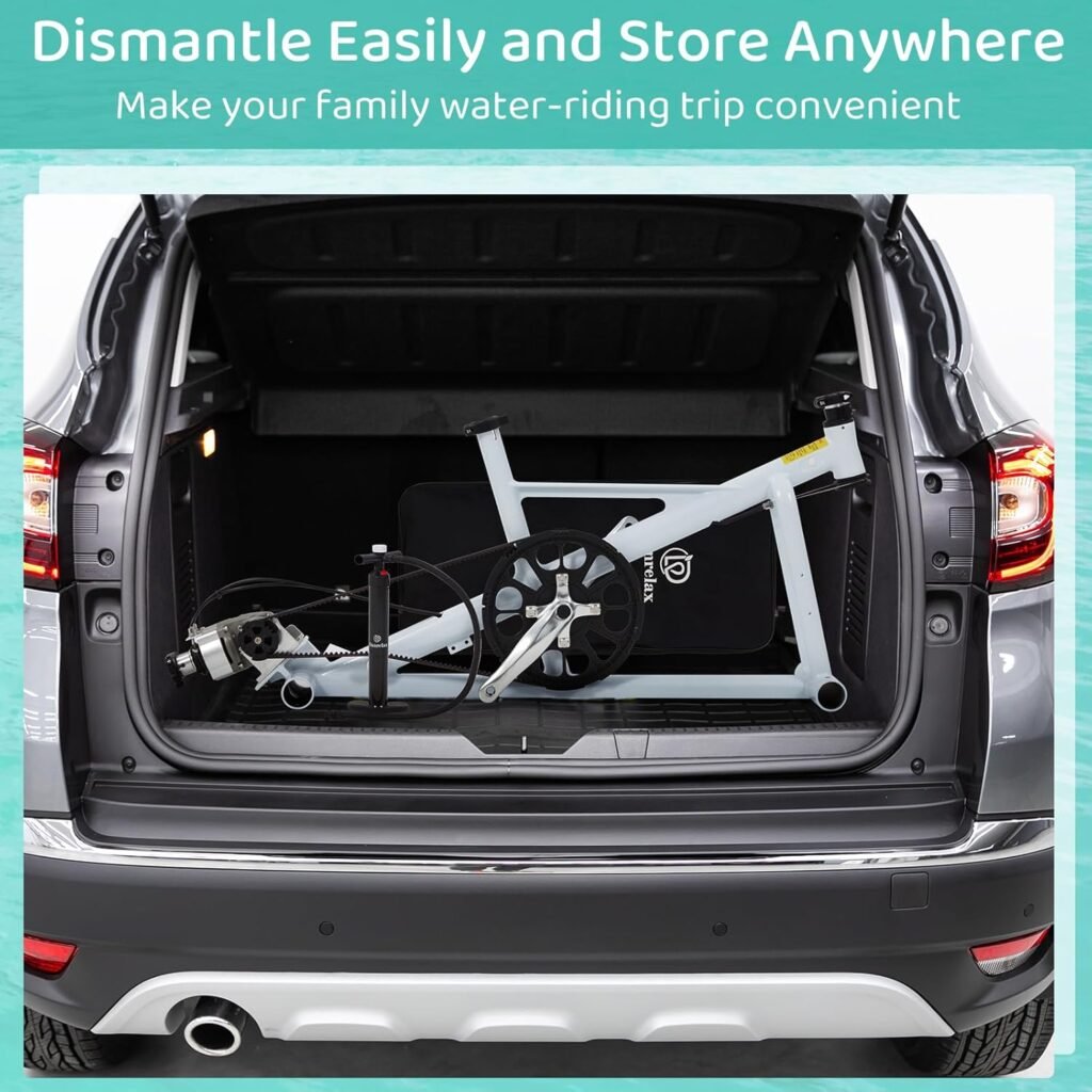 Portable inflatable water bike packed for transport with carry bag