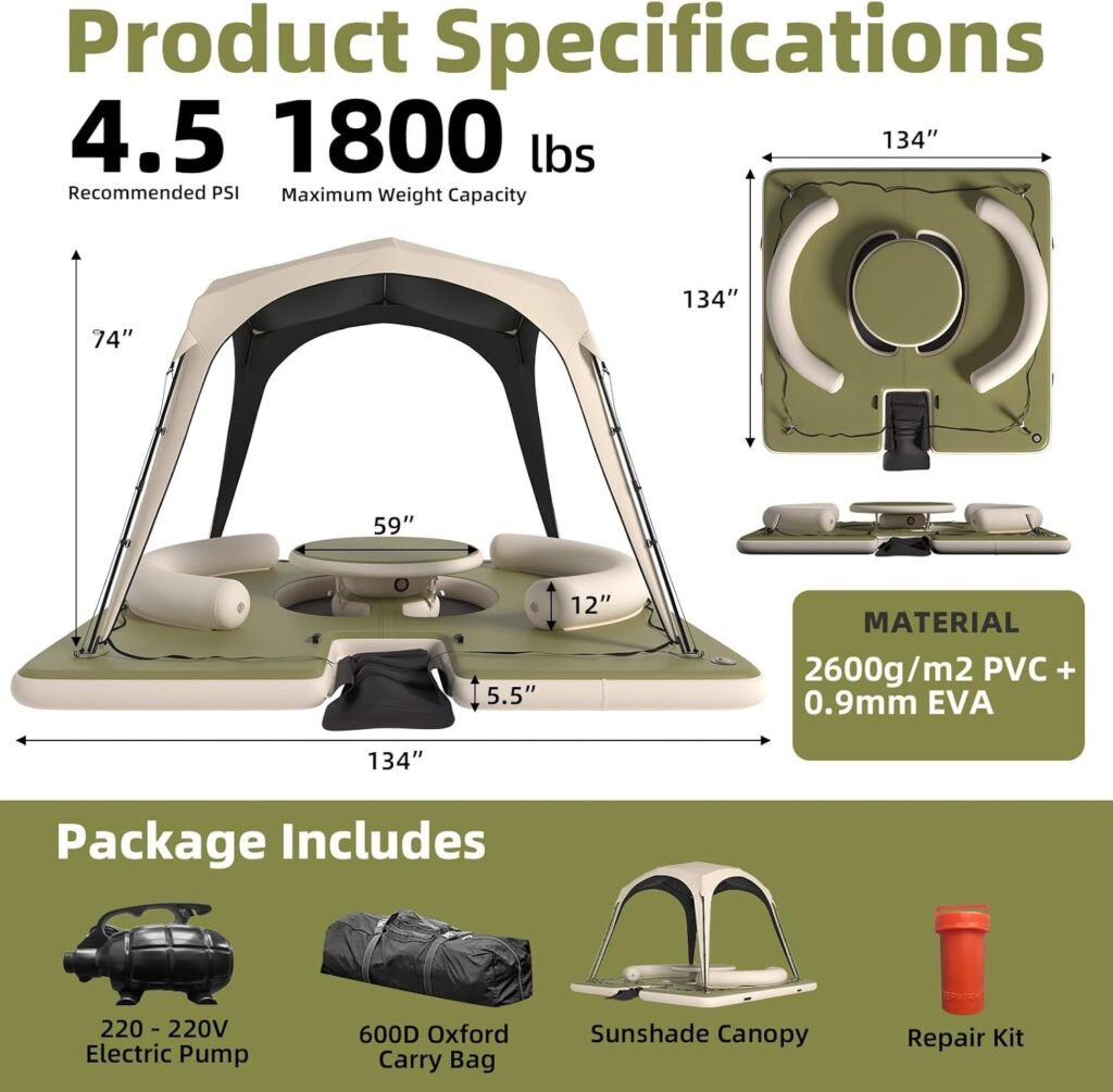 Inflatable water lounge with ladder access and central table for groups