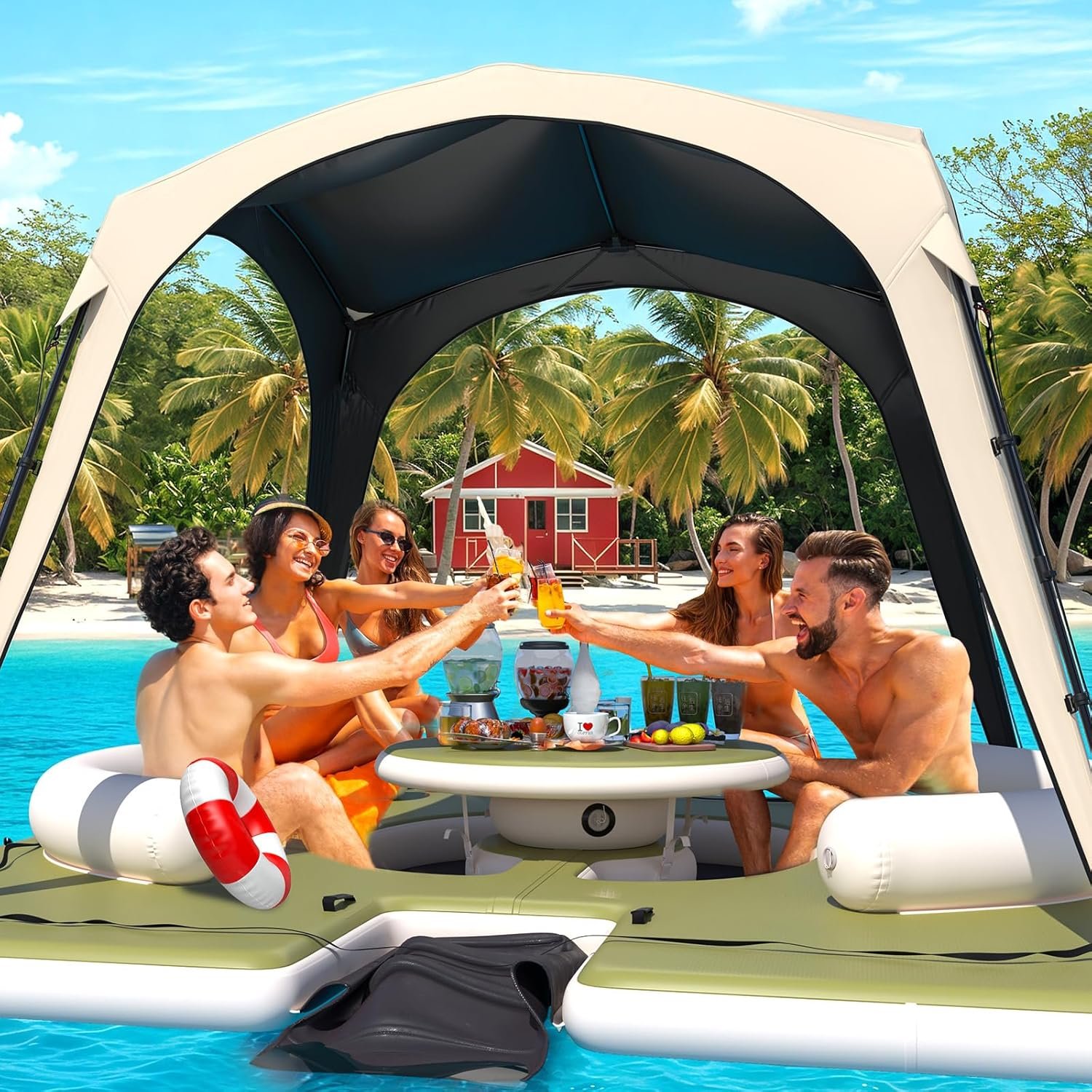 Danrelax inflatable floating dock lounge with canopy, seating and table