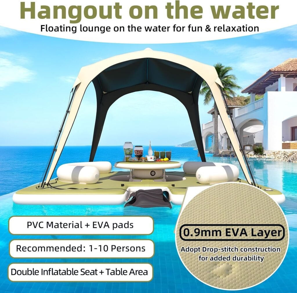 Inflatable dock lounge with canopy, table and stable base for group use
