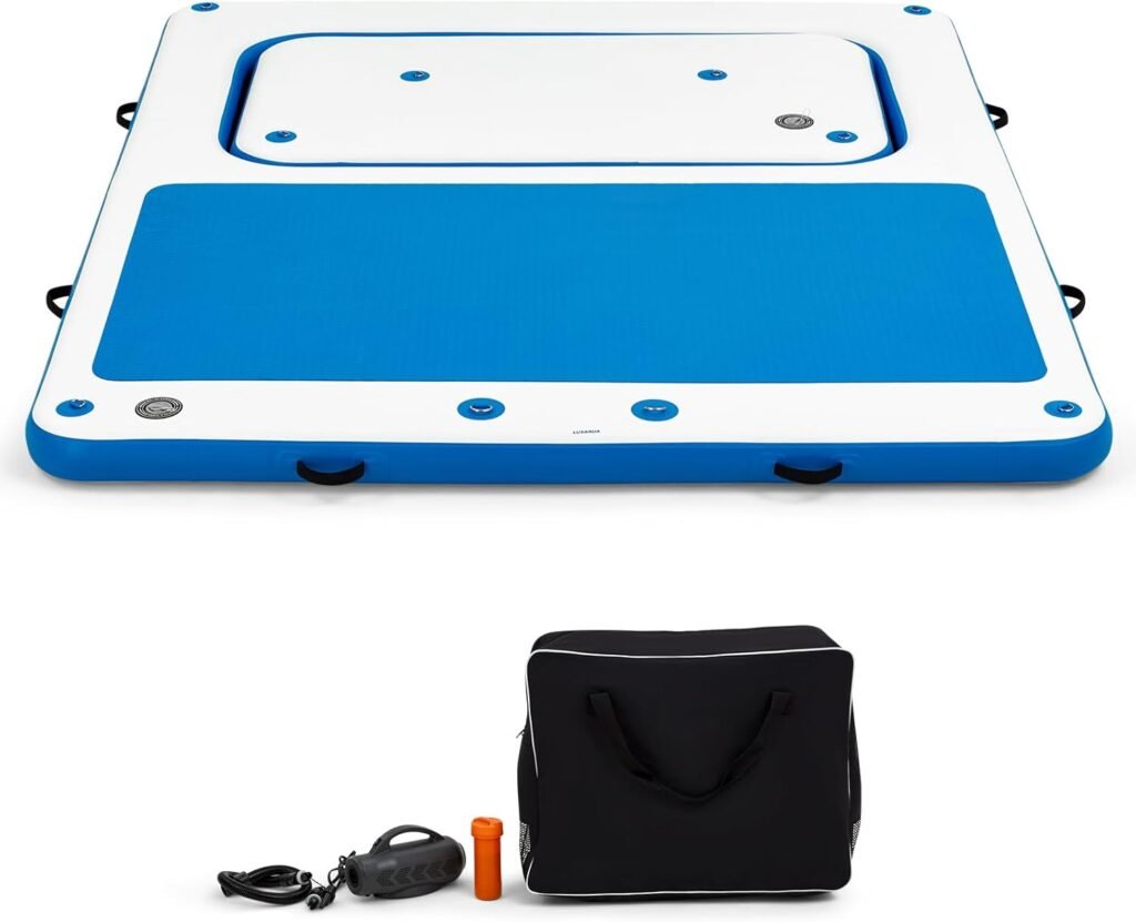 Inflatable floating platform with removable section and reinforced PVC construction