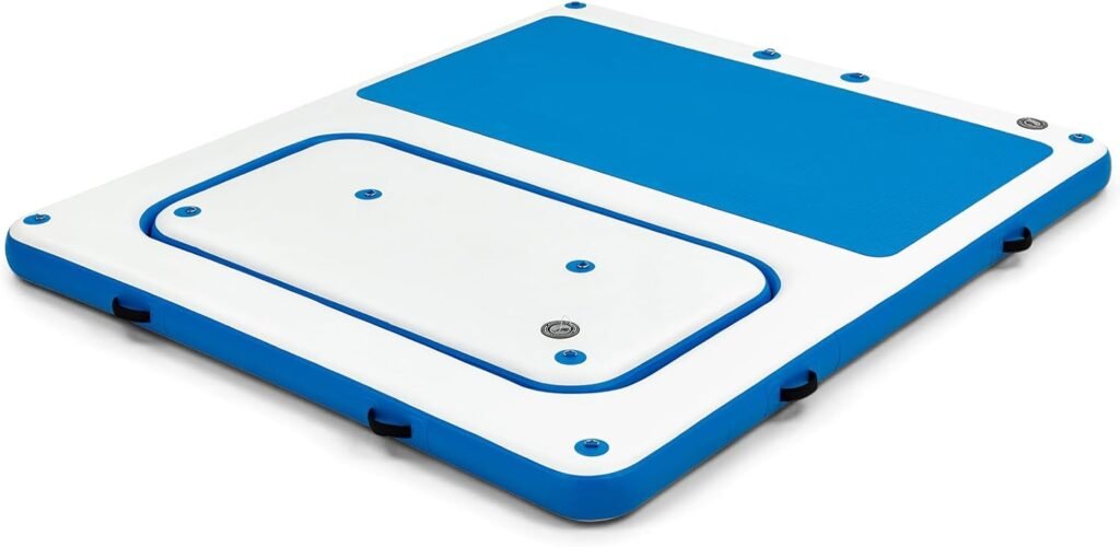 Multi-zone inflatable lake dock with mesh center and EVA deck surface