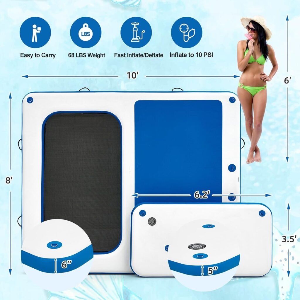 Inflatable dock with mesh water hammock and modular island design