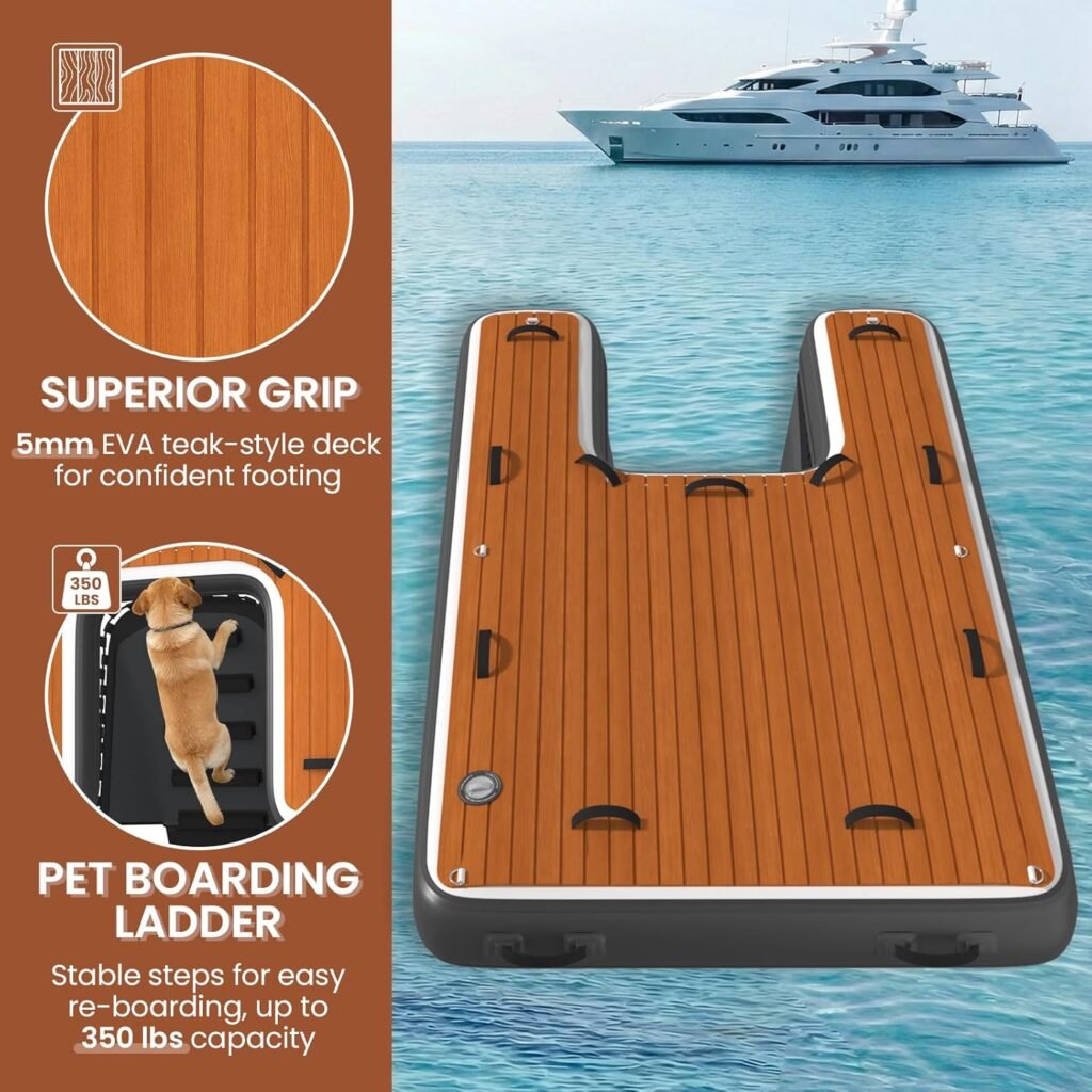 Heavy-duty floating dock with non-slip EVA deck and pet access ramp