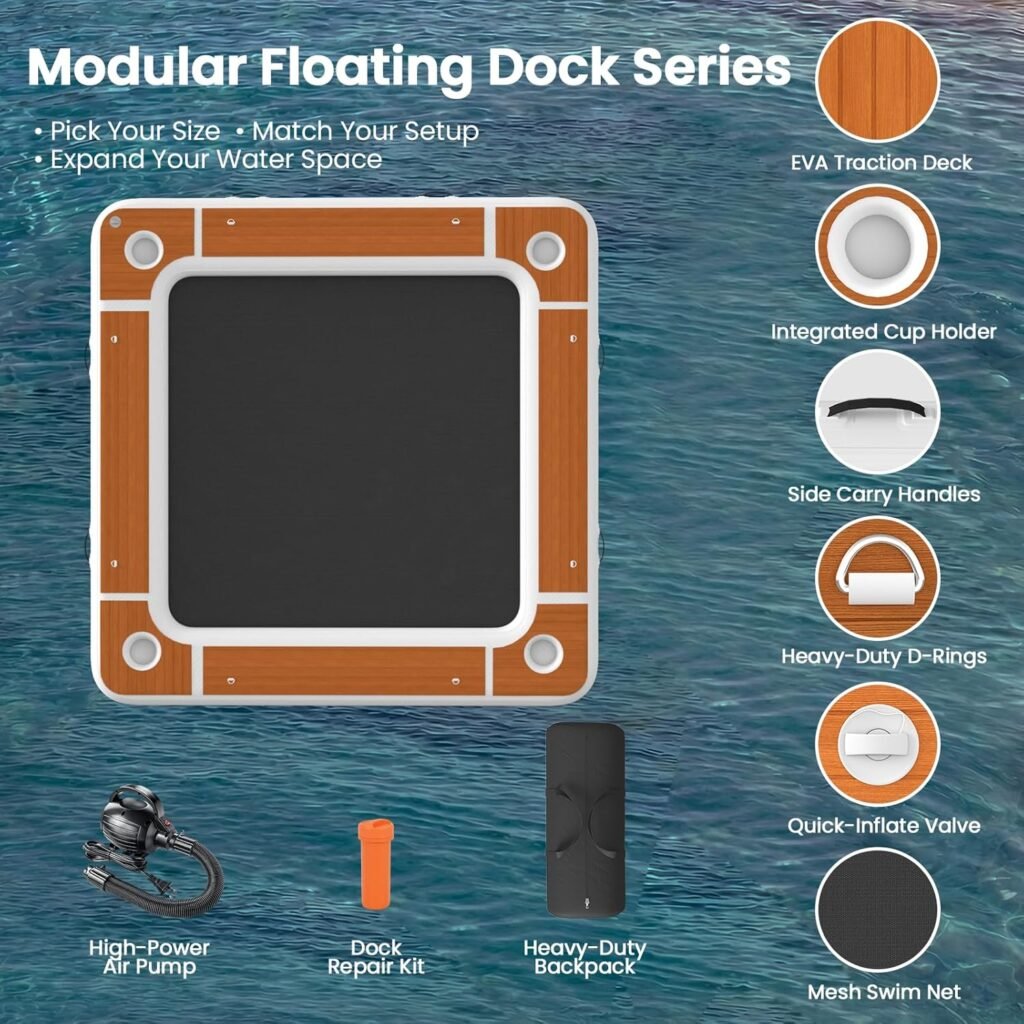 Large floating platform with central mesh swim area for lake use