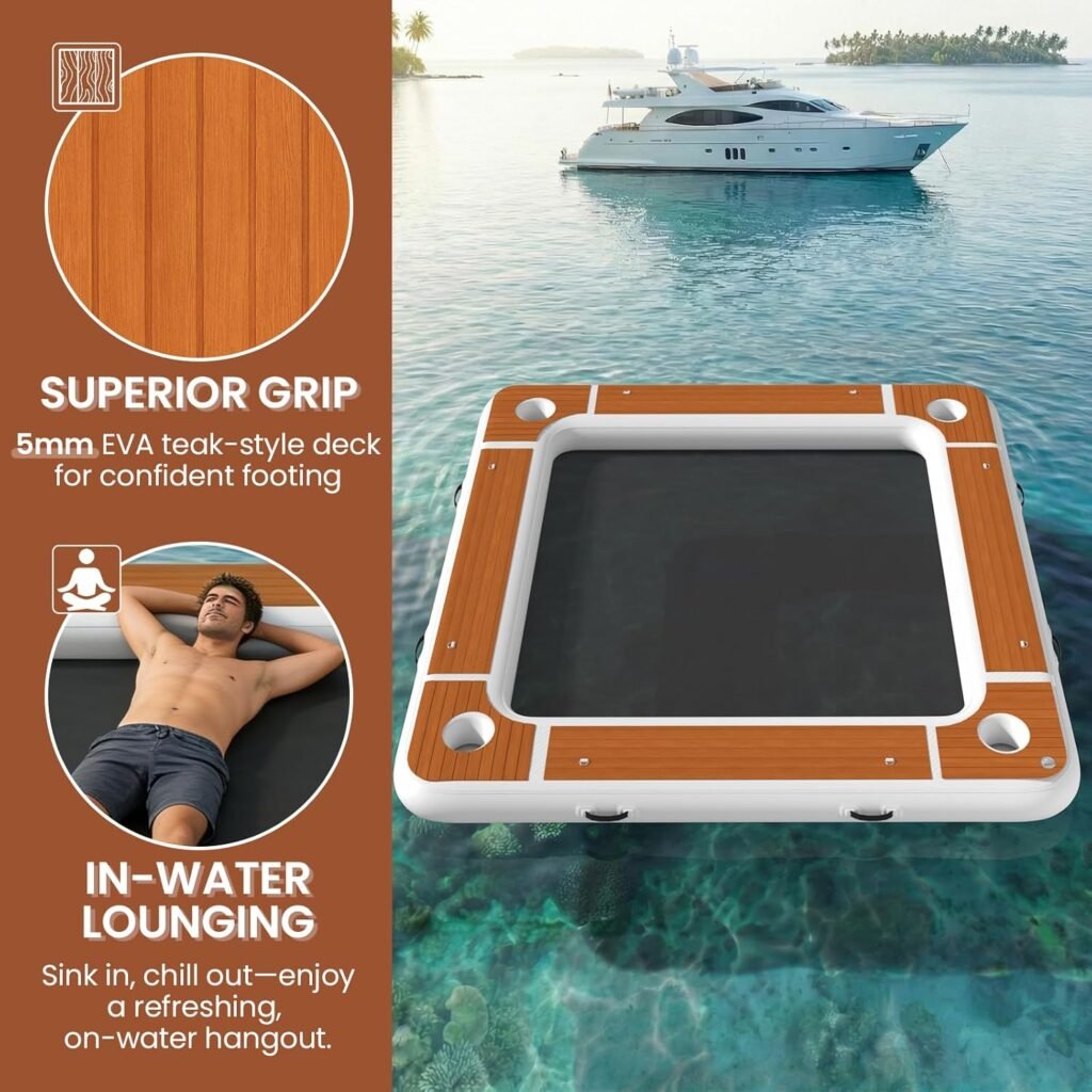 Danrelax square floating dock with mesh hammock area and stable base