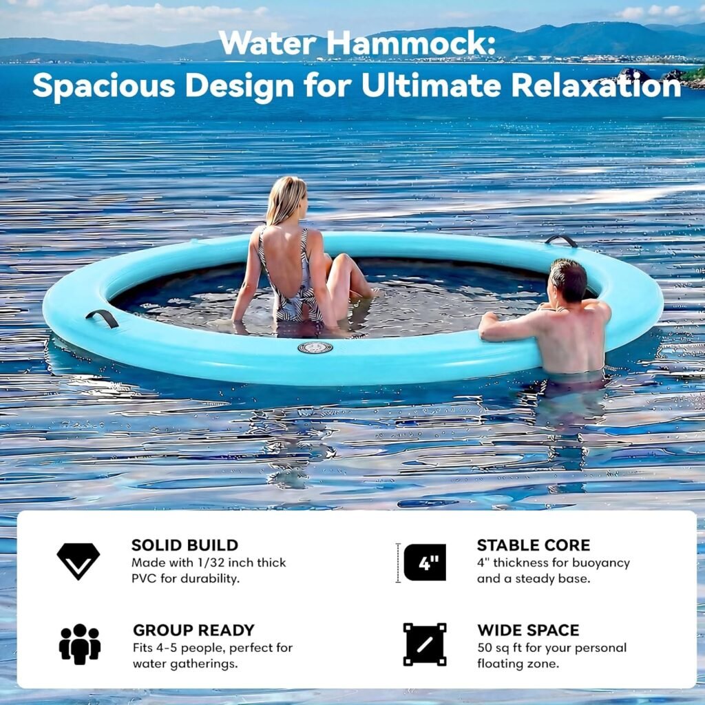 Inflatable round lake float with mesh center and stable design