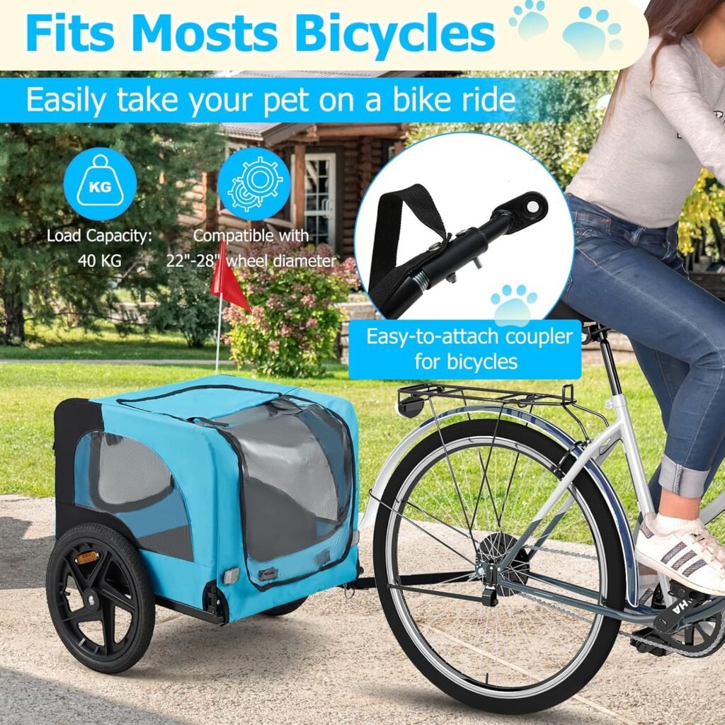 Portable pet bike trailer with large interior space for dogs up to 88 lbs