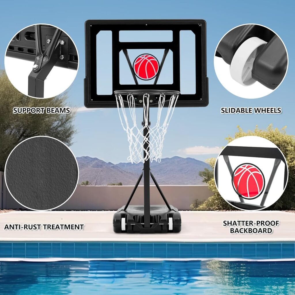 Adjustable height basketball hoop for pool area with transport wheels