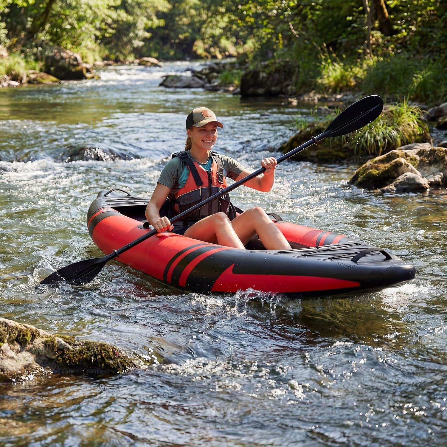 Danrelax 1-person inflatable kayak with drop-stitch floor on calm lake