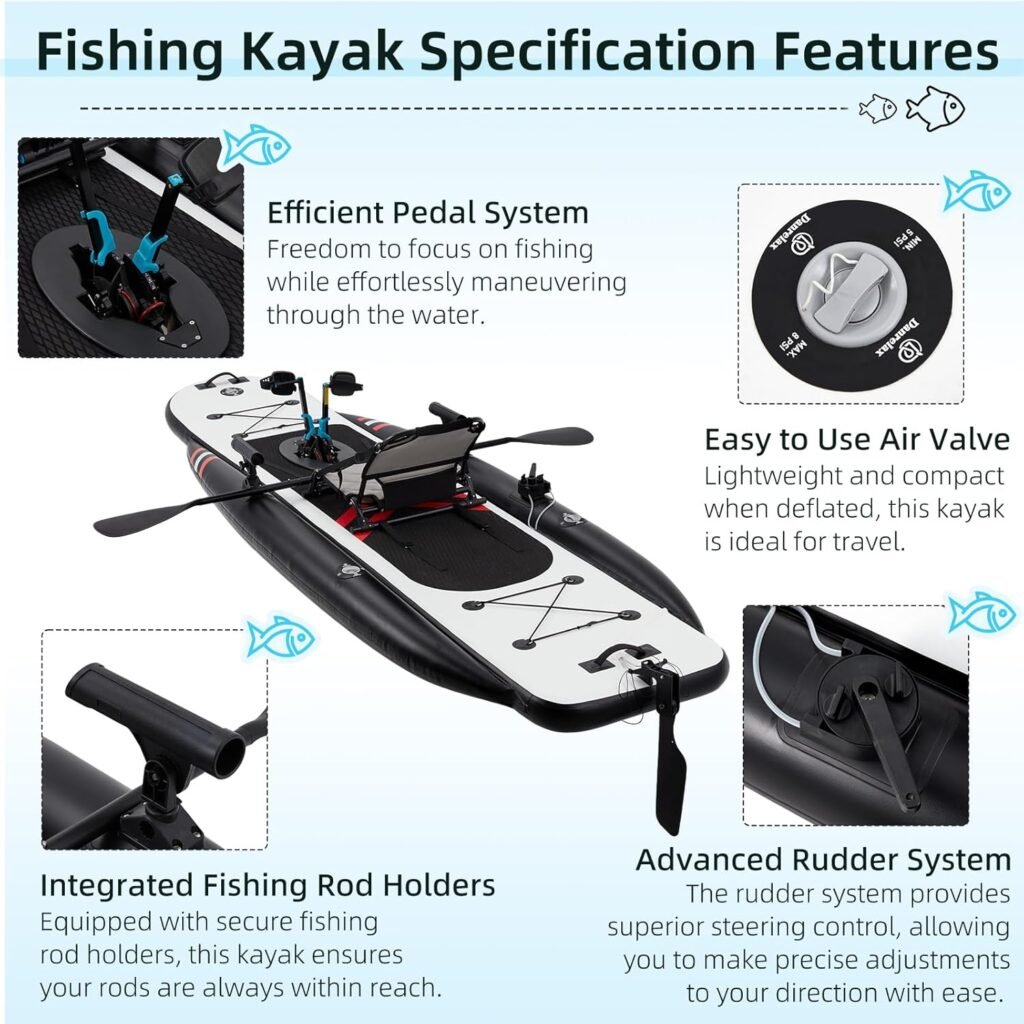 Inflatable kayak with rod holders and pedal system for hands-free use