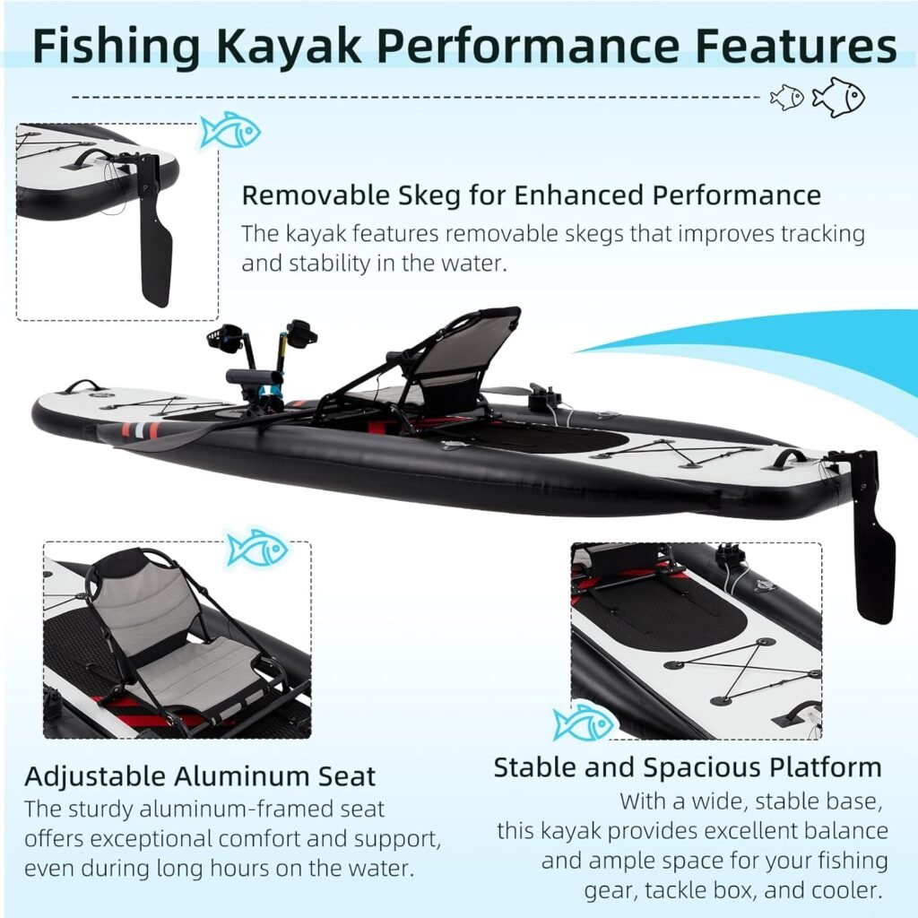 Portable inflatable fishing kayak packed with accessories and carry bag