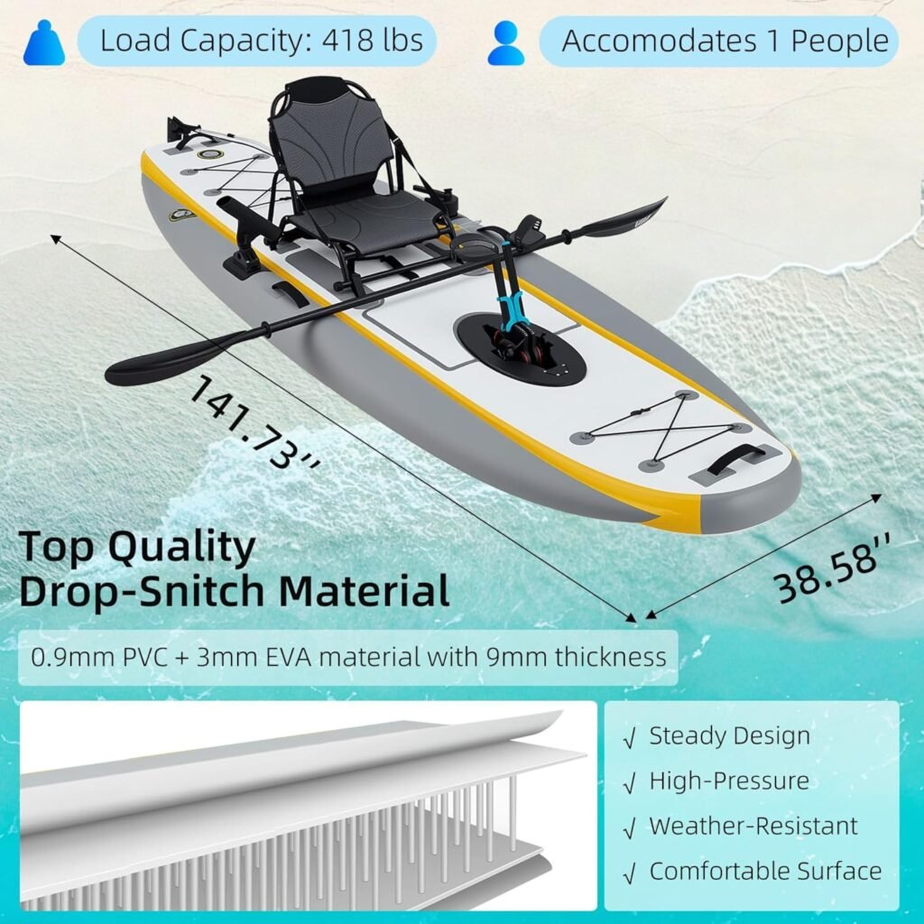 Inflatable pedal kayak with EVA drop-stitch floor and wide stable deck