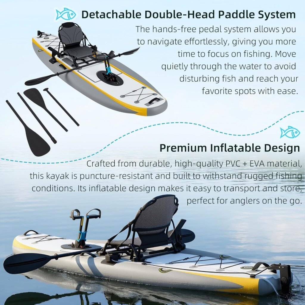 Yellow and grey pedal kayak with reinforced PVC construction and fins