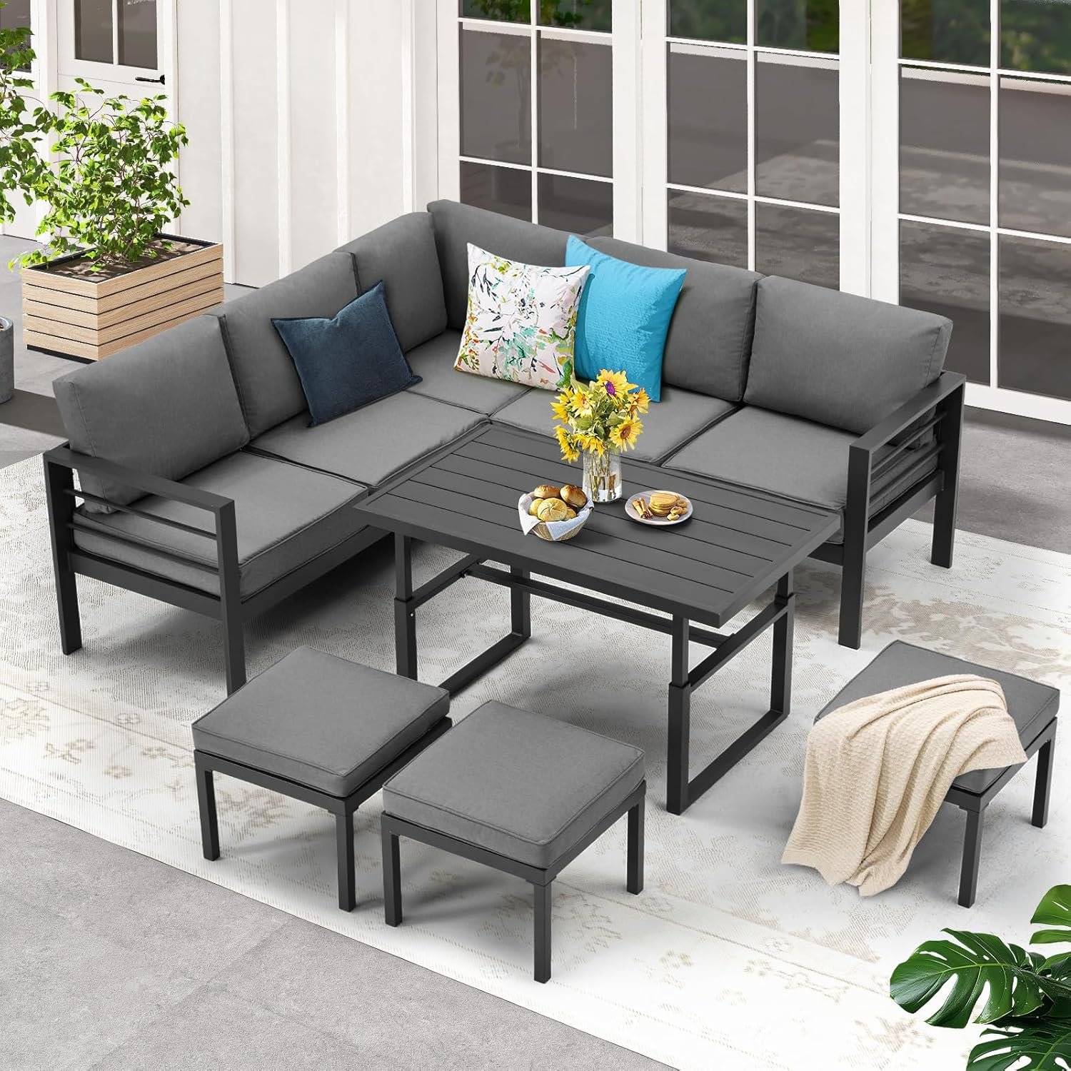 Danrelax 7-Piece Aluminum Patio Conversation Set (Black)