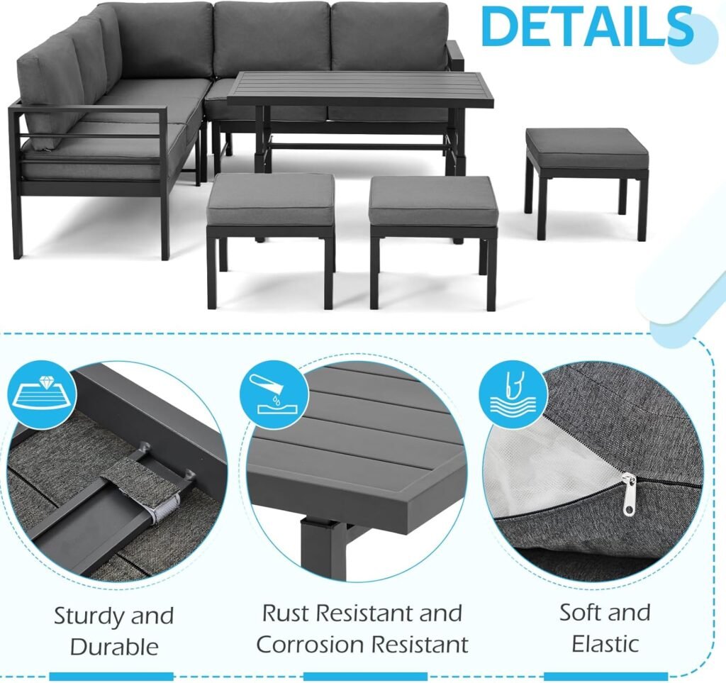 Patio conversation set with adjustable table and modern aluminum design
