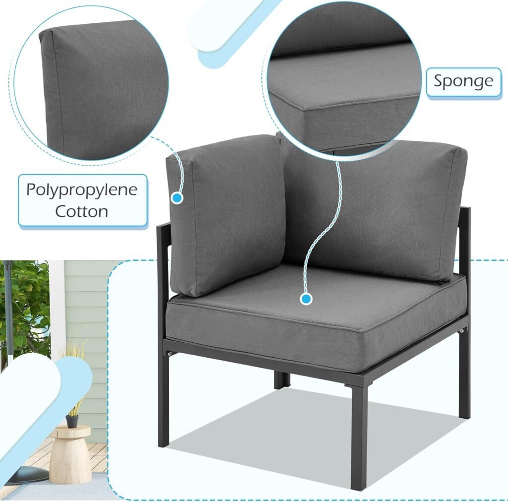 Modular outdoor sofa set with cushions and stools for patio use