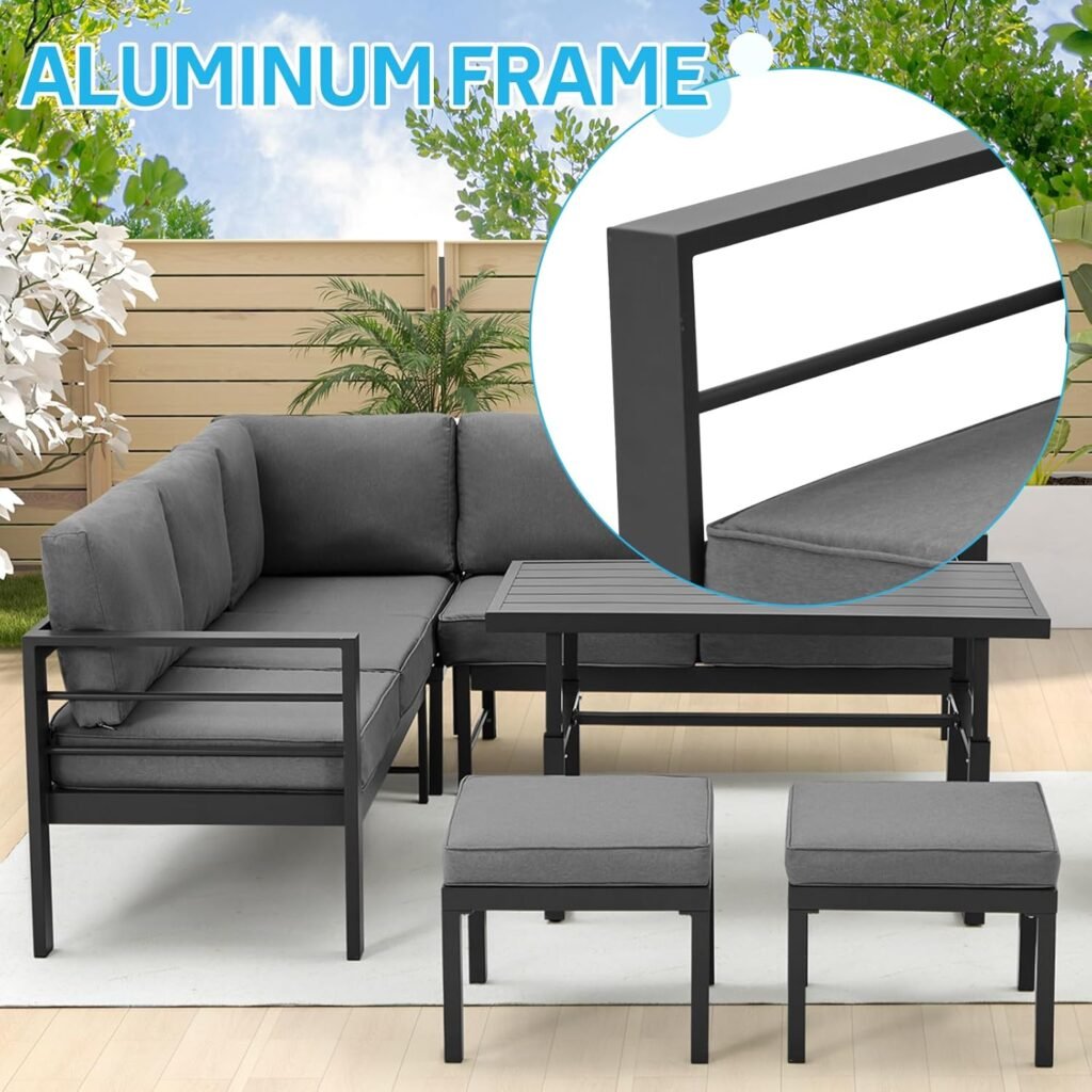 Black outdoor patio furniture set with adjustable table and sectional layout